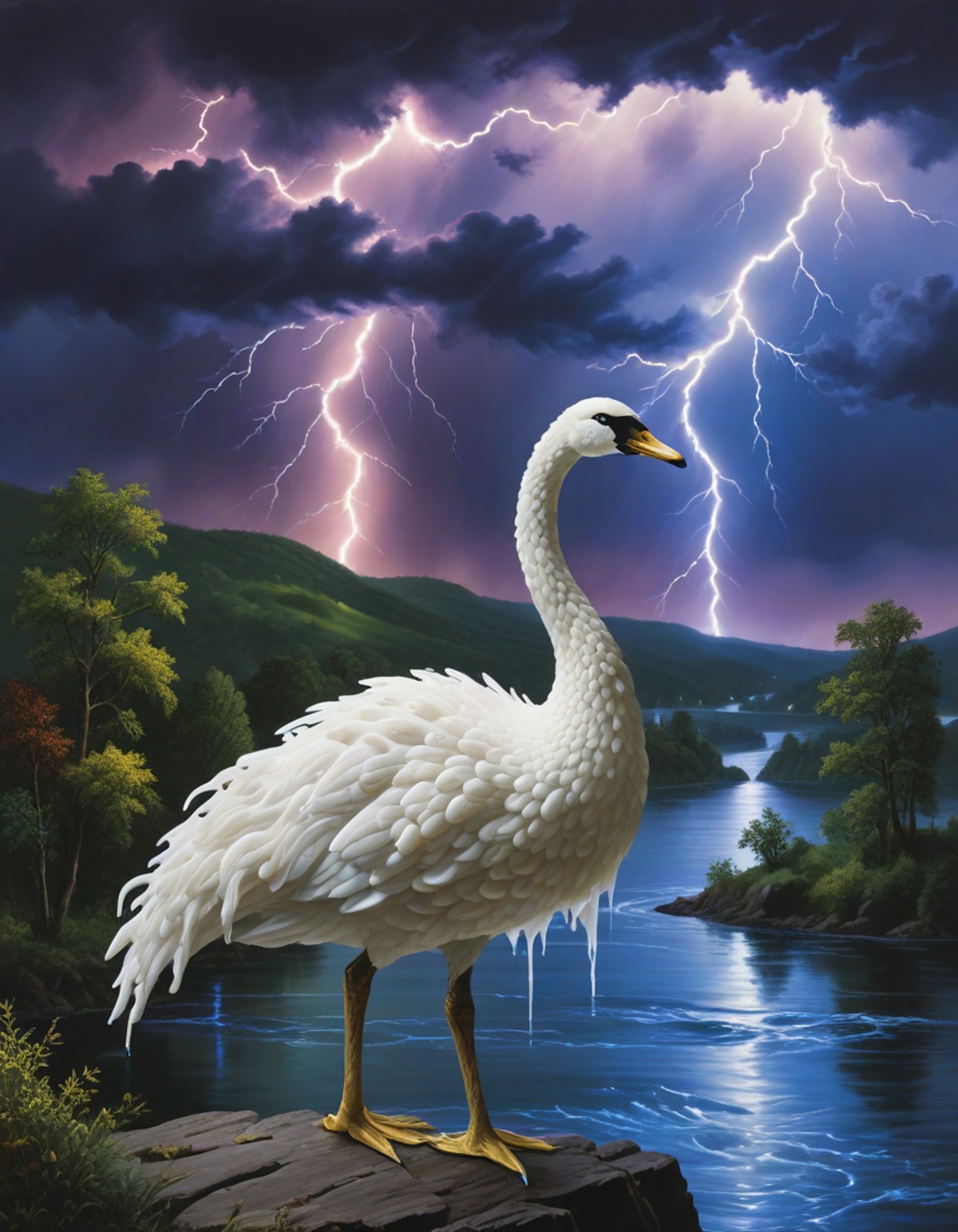 (lightning storm), A graceful swan made out of dripping candle wax, floating on the Hudson River. Background hills and tre...